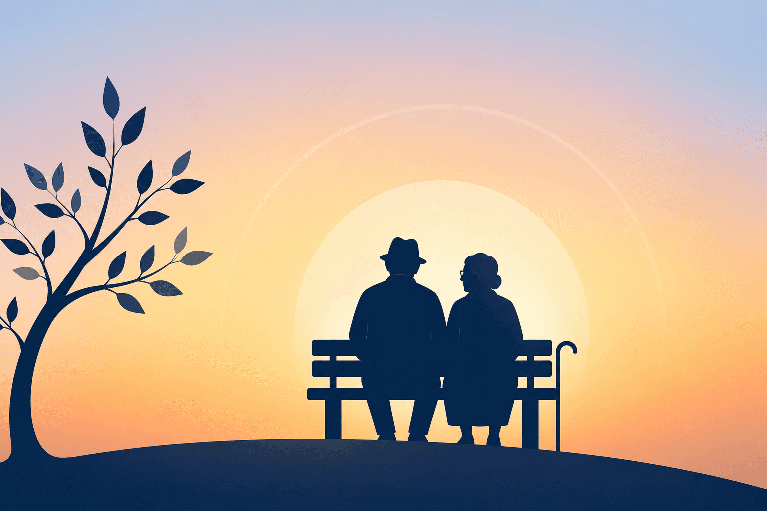 Retired couple sitting on a bench at sunset, symbolizing retirement planning, financial security, and a peaceful future.
