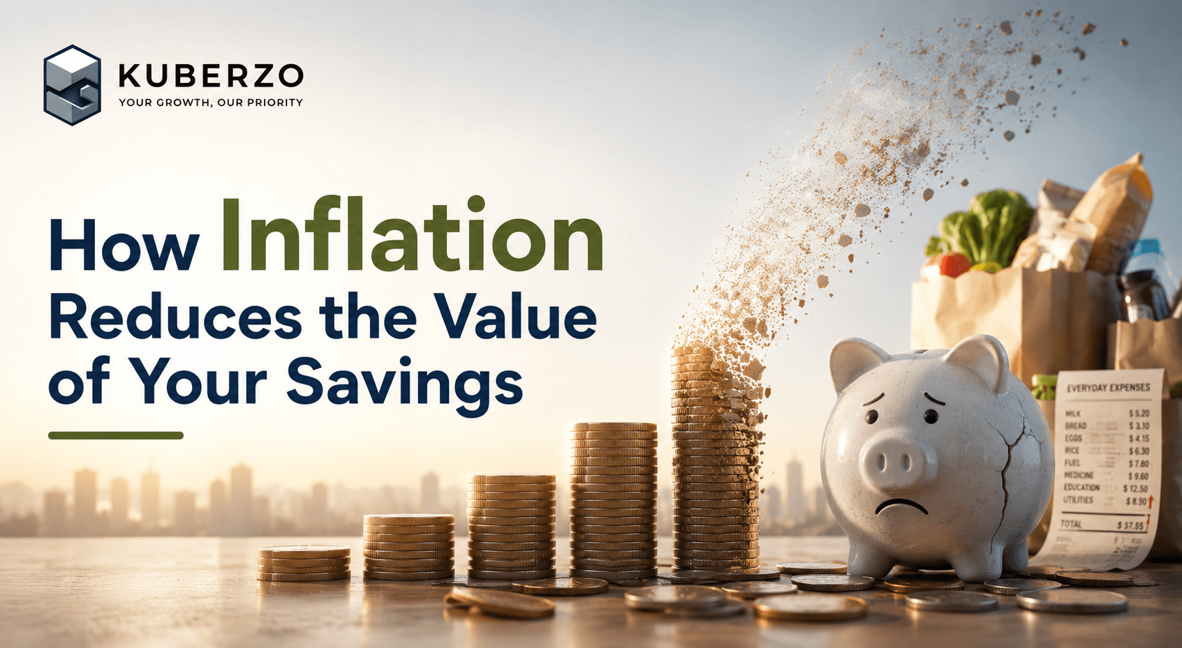 Image illustrating eroding wealth and a broken piggy bank highlighting the impact of inflation.