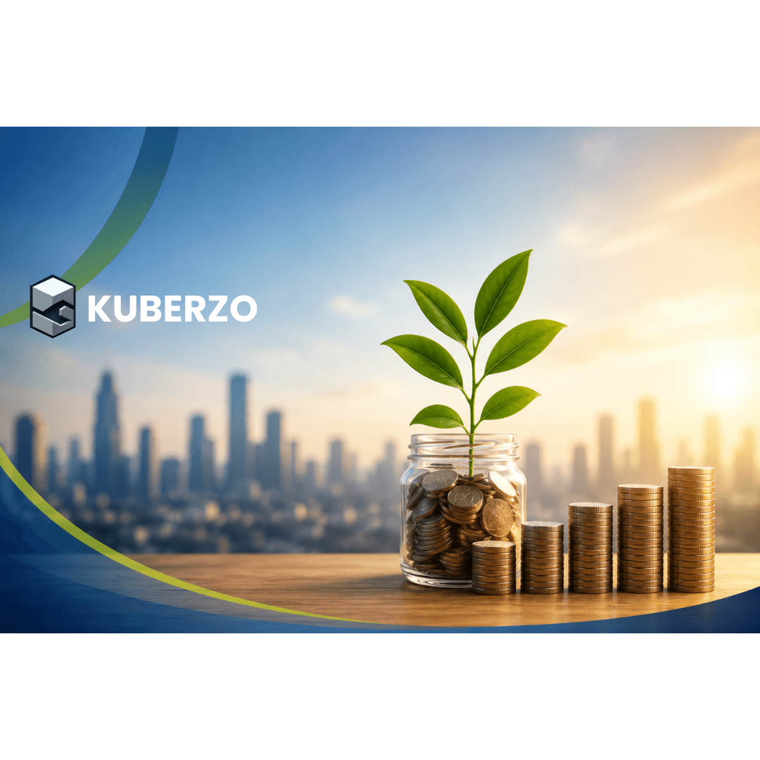 Landscape investment-themed illustration featuring a glass jar filled with coins, a green plant growing from it, ascending stacks of coins, and a blurred city skyline in the background, symbolizing financial growth, wealth creation, and long-term investing.