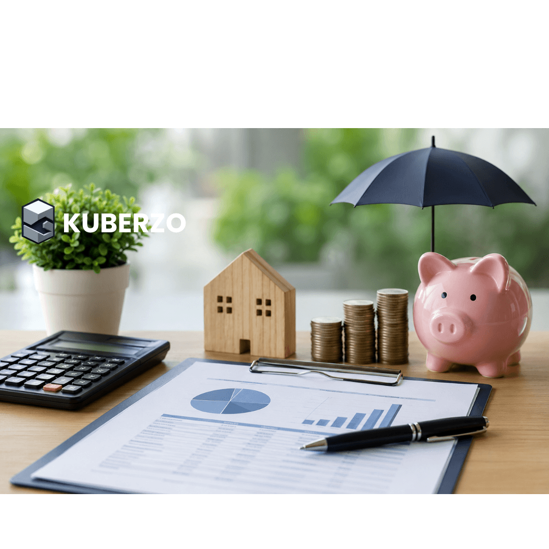 A landscape-oriented financial planning scene featuring a calculator, investment reports, stacked coins, a wooden house model, and a pink piggy bank protected by an umbrella on a modern office desk, symbolizing tax planning, savings, wealth management, and financial security.