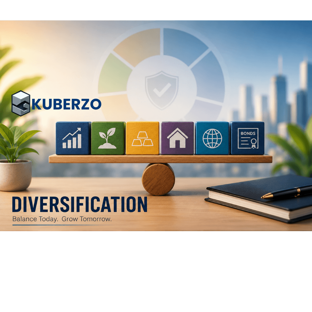 Portfolio diversification illustration showing different asset classes such as stocks, gold, bonds, and real estate to represent a balanced investment strategy.