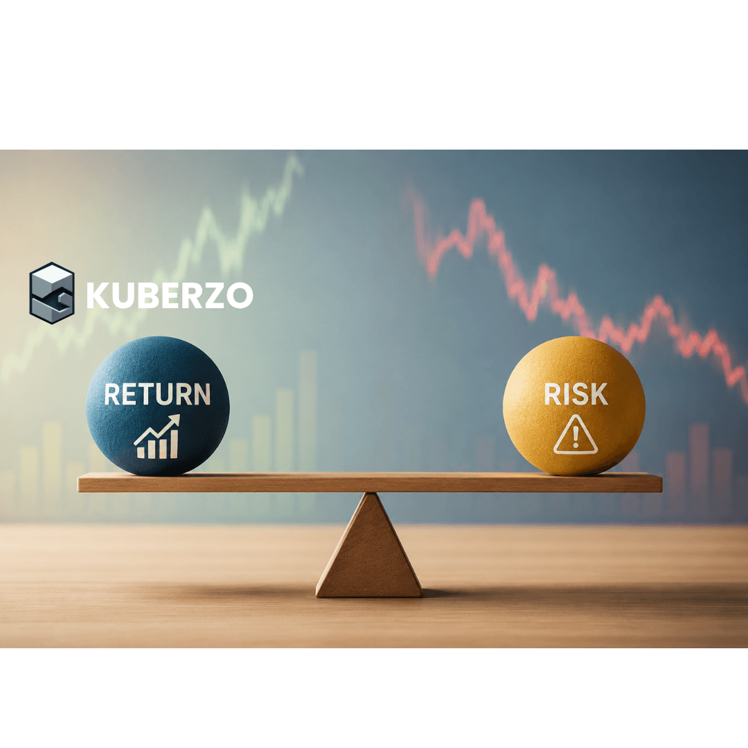 A conceptual illustration of investment risk and return featuring a balanced scale with financial elements, upward and downward market trend visuals, and a modern blue-toned background symbolizing the trade-off between potential returns and investment risk.