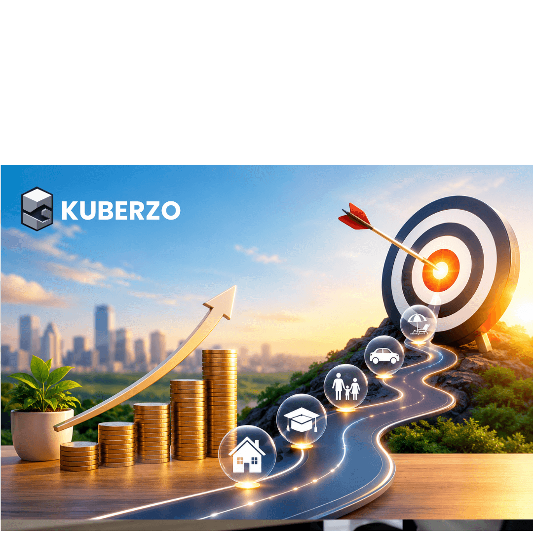 Goal-based investing concept illustration featuring a growing stack of gold coins with an upward arrow, a winding road leading to a bullseye target, and financial milestones represented by icons for a home, education, family, car, and vacation. The background shows a modern city skyline at sunrise, symbolizing long-term financial planning, wealth creation, and achieving life goals through disciplined investing.