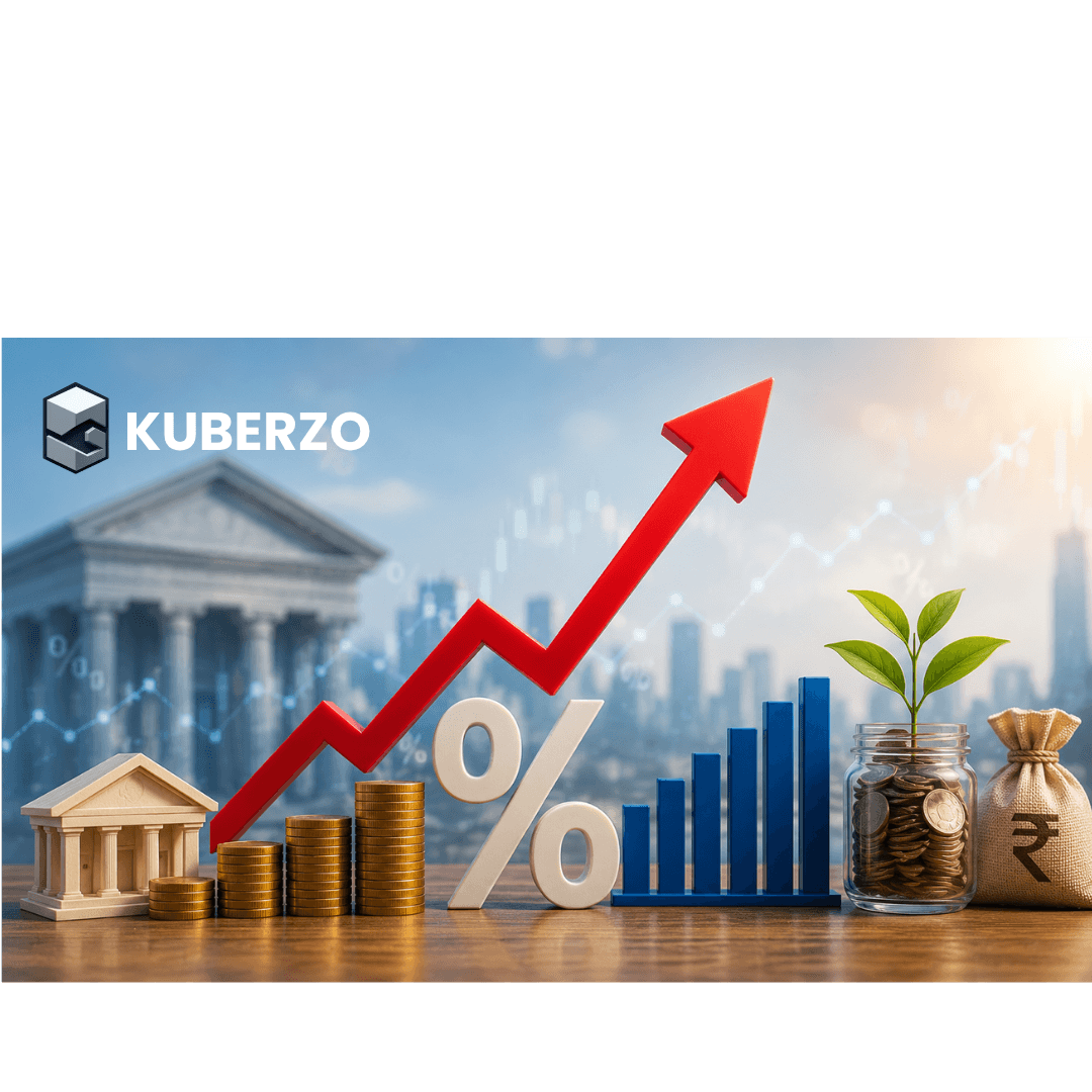 Illustration showing how interest rates affect investments with rising graph, percentage symbol, coins, bank building, and financial market growth.