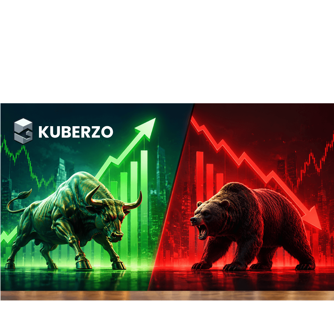 Bull and bear facing each other with rising and falling stock market charts in the background, representing bullish and bearish market trends.