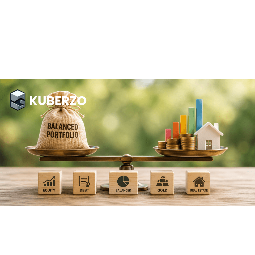 A diversified investment portfolio represented by balancing financial assets such as stocks, bonds, savings, and growth charts, symbolizing asset allocation, portfolio diversification, and long-term wealth creation.
