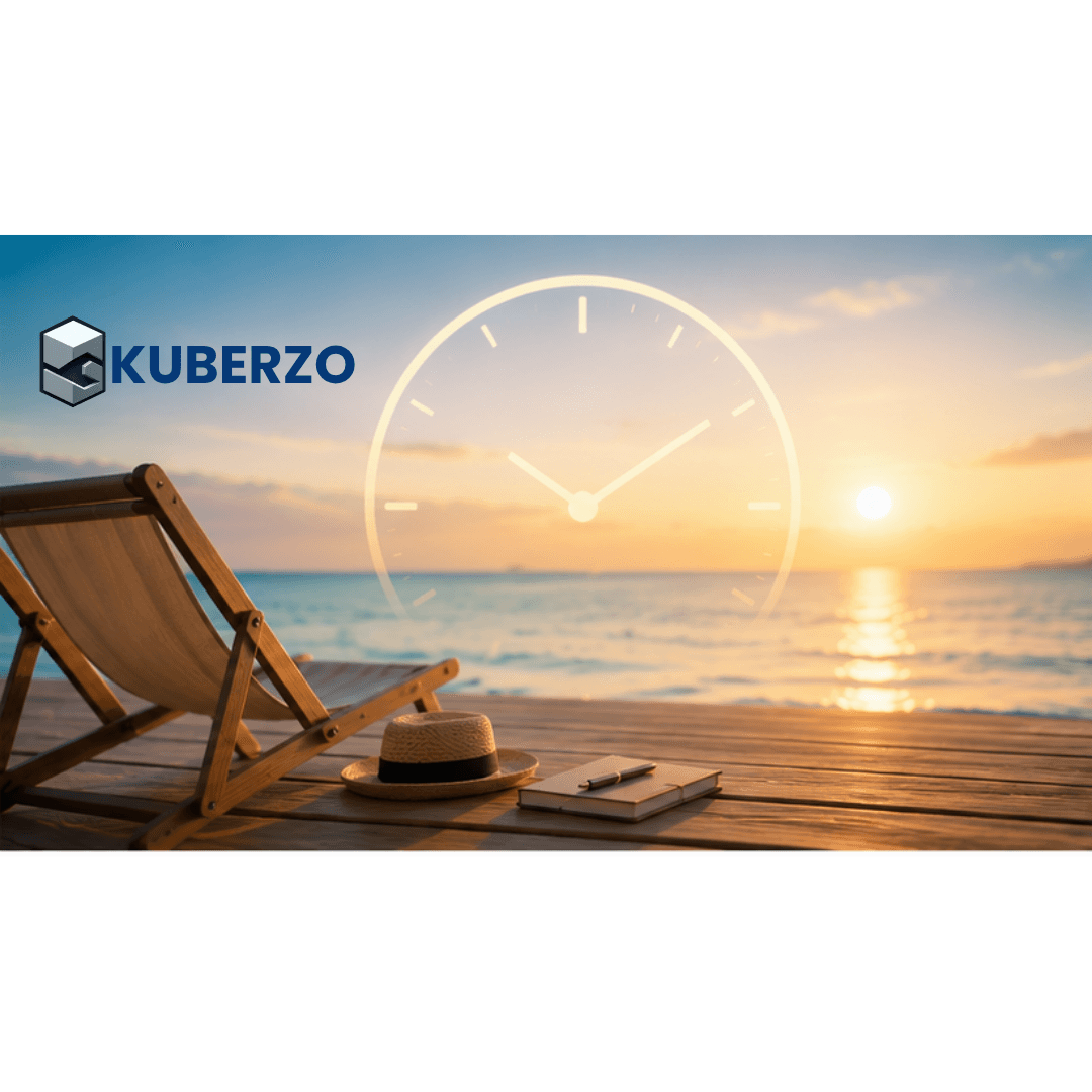 A peaceful sunrise over a beach with a wooden lounge chair on a deck, a notebook and hat placed nearby, and a large translucent clock overlay symbolizing time. The serene coastal setting represents the concept of "Wealth Leave"-taking dedicated time away from work to focus on financial planning, reflection, and long-term financial well-being.