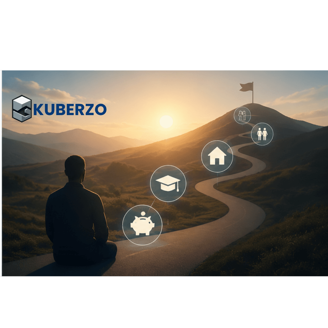 A person sits at the beginning of a winding road leading toward a hilltop at sunrise, symbolizing a long-term financial journey. Along the path are glowing icons representing savings, education, homeownership, family, and retirement milestones, illustrating key life goals achieved through thoughtful financial planning. The warm, optimistic landscape reflects the concept of "Wealth Leave"-setting aside dedicated time to plan, prioritize, and build a secure financial future.