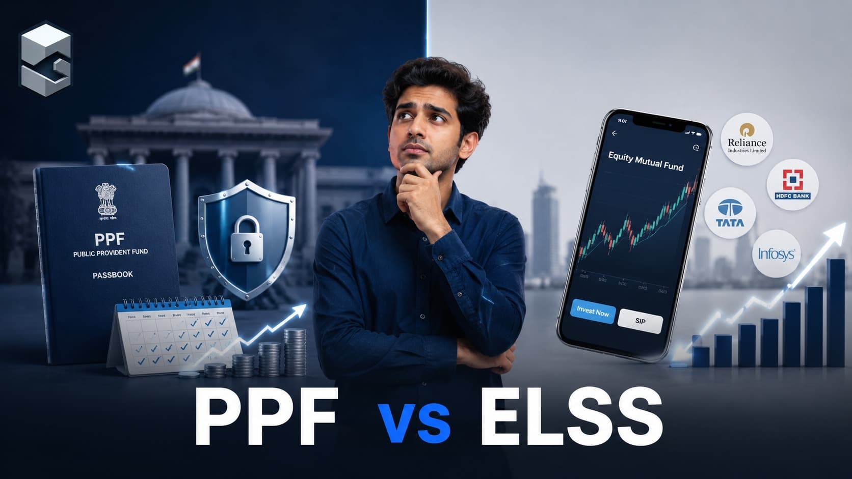 PPF versus ELSS comparison showing tax eligibility, risk, lock-in period, liquidity and suitability for young professionals in India.