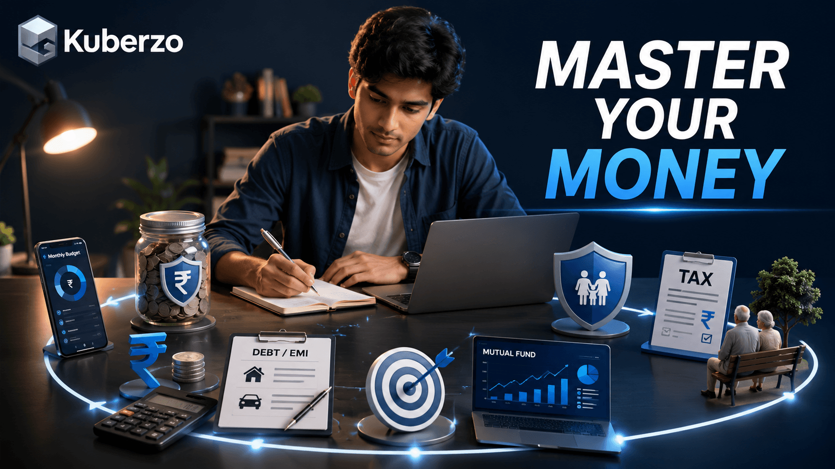 Personal finance roadmap for young Indians showing budgeting, emergency savings, debt management, financial goals, investing, insurance, tax planning and retirement.