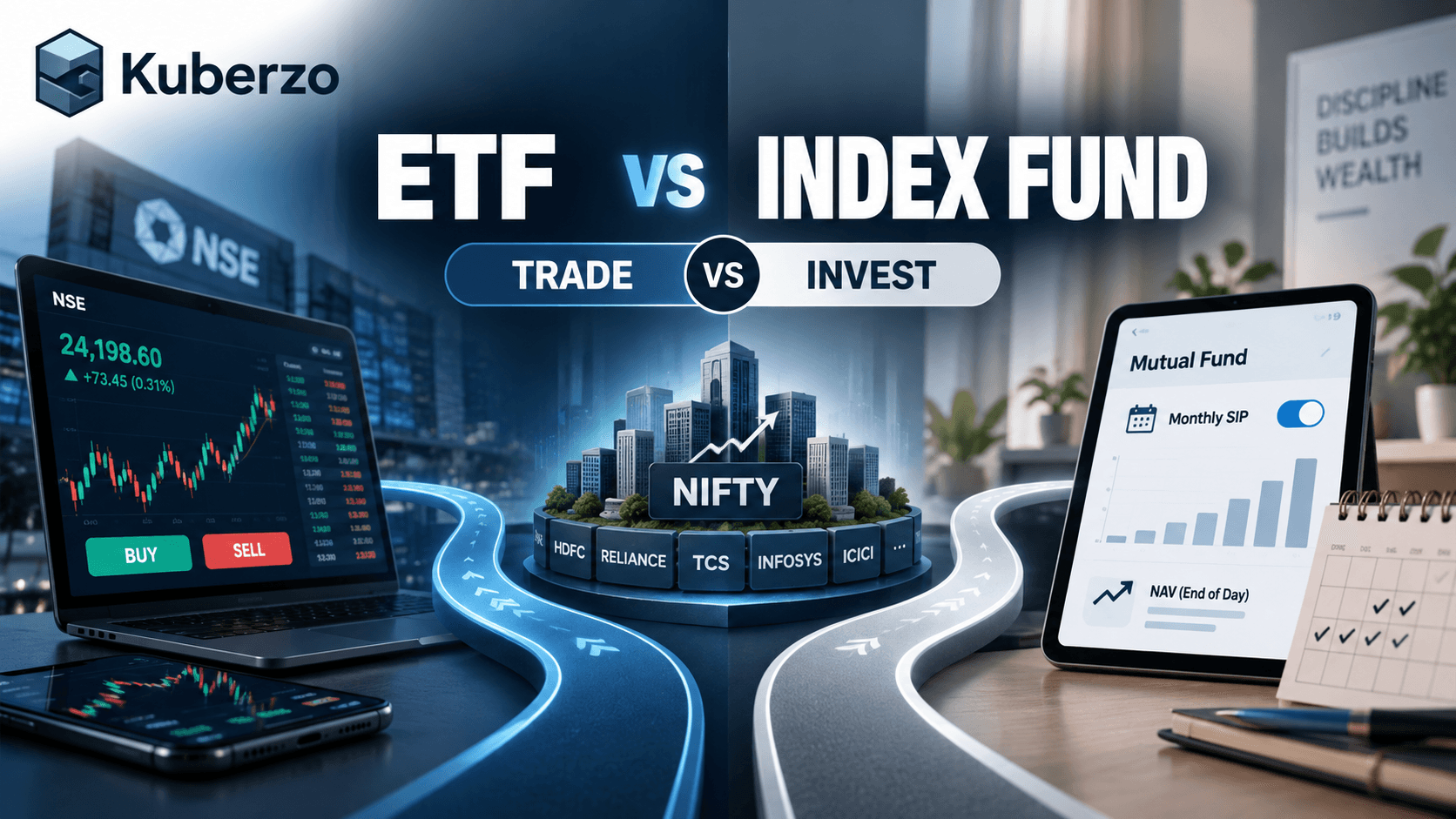 ETF versus index fund comparison showing exchange trading, NAV and passive index investing.