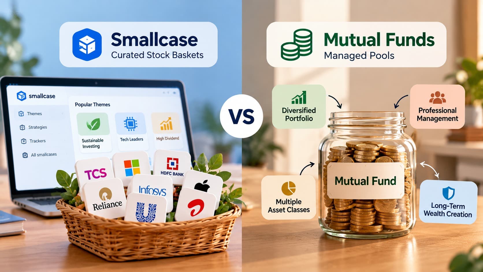 Smallcase and mutual funds compared for control, diversification, and management
