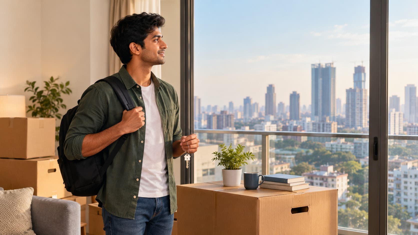 Young professional moving into a new apartment in a metro city while planning relocation expenses.