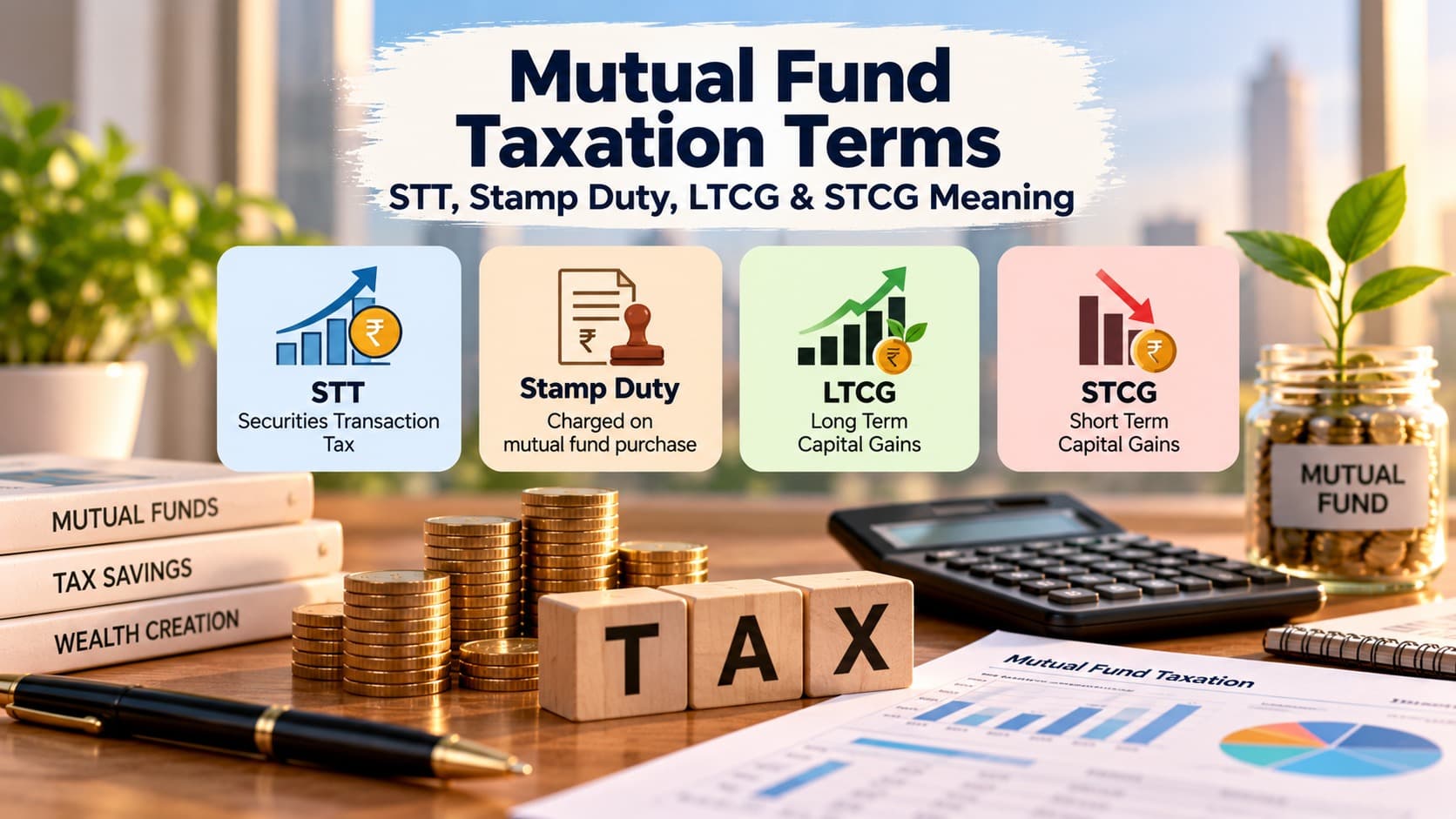 Mutual fund taxation terms explained: STT, stamp duty, LTCG, and STCG.