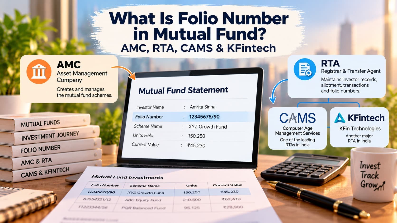 Folio number guide explaining mutual fund accounts, AMCs, RTAs, CAMS, and KFintech