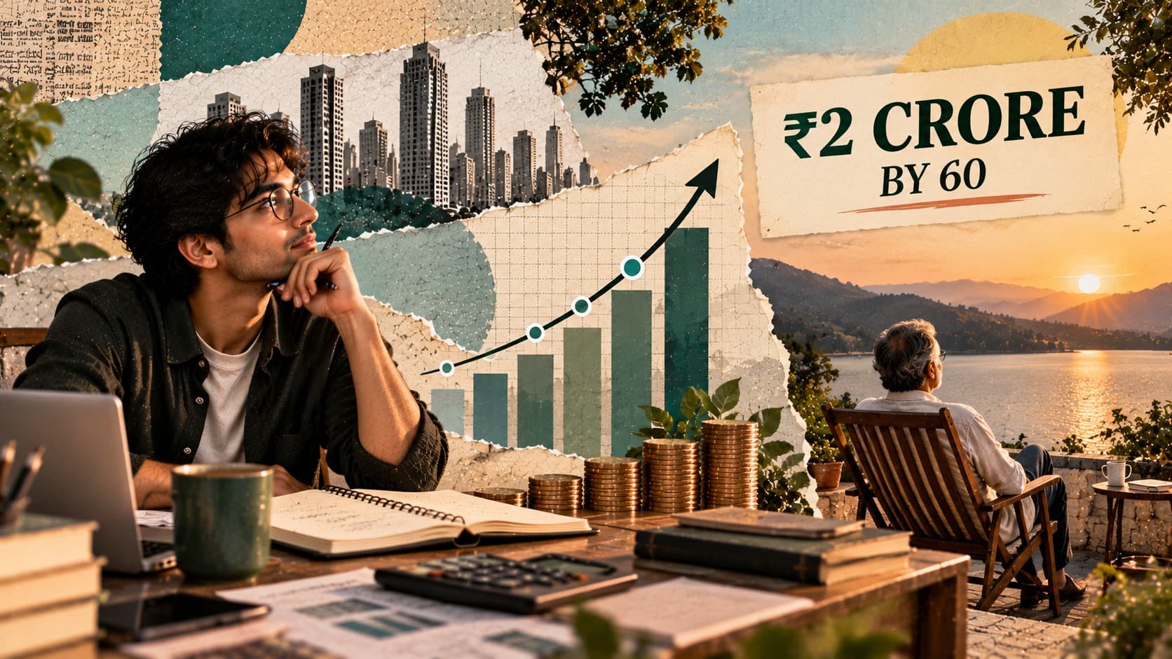 Editorial illustration of a young professional planning investments for a ₹2 crore retirement fund by age 60.