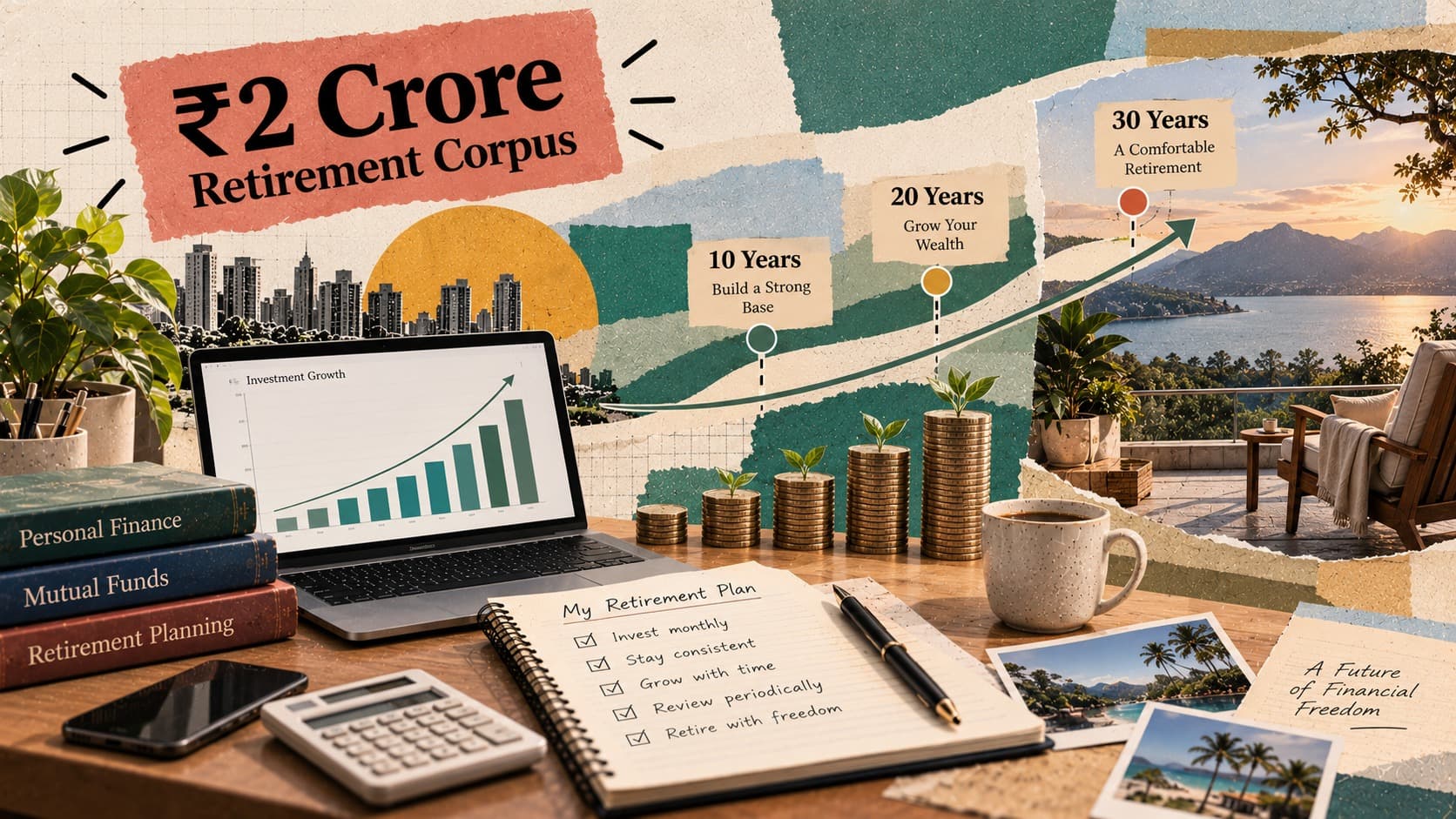 Financial planning illustration showing a long-term investment journey towards a ₹2 crore retirement corpus, with monthly savings, a growing investment chart and a peaceful retirement setting.