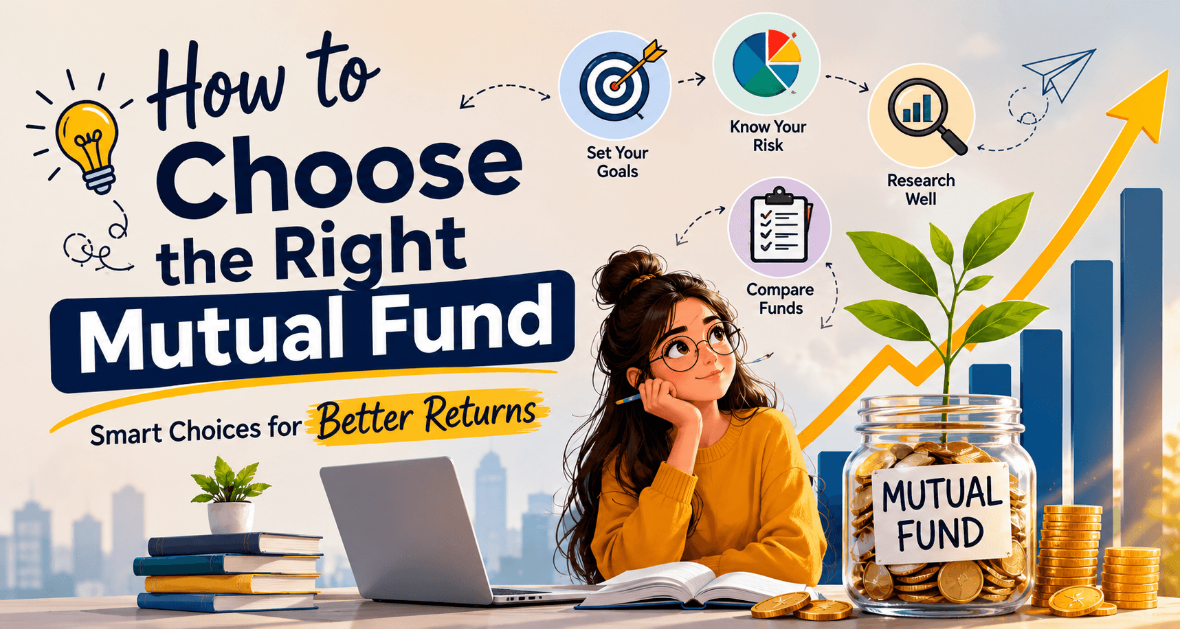 Mutual fund investment concept with coins, growth chart, and financial planning elements.