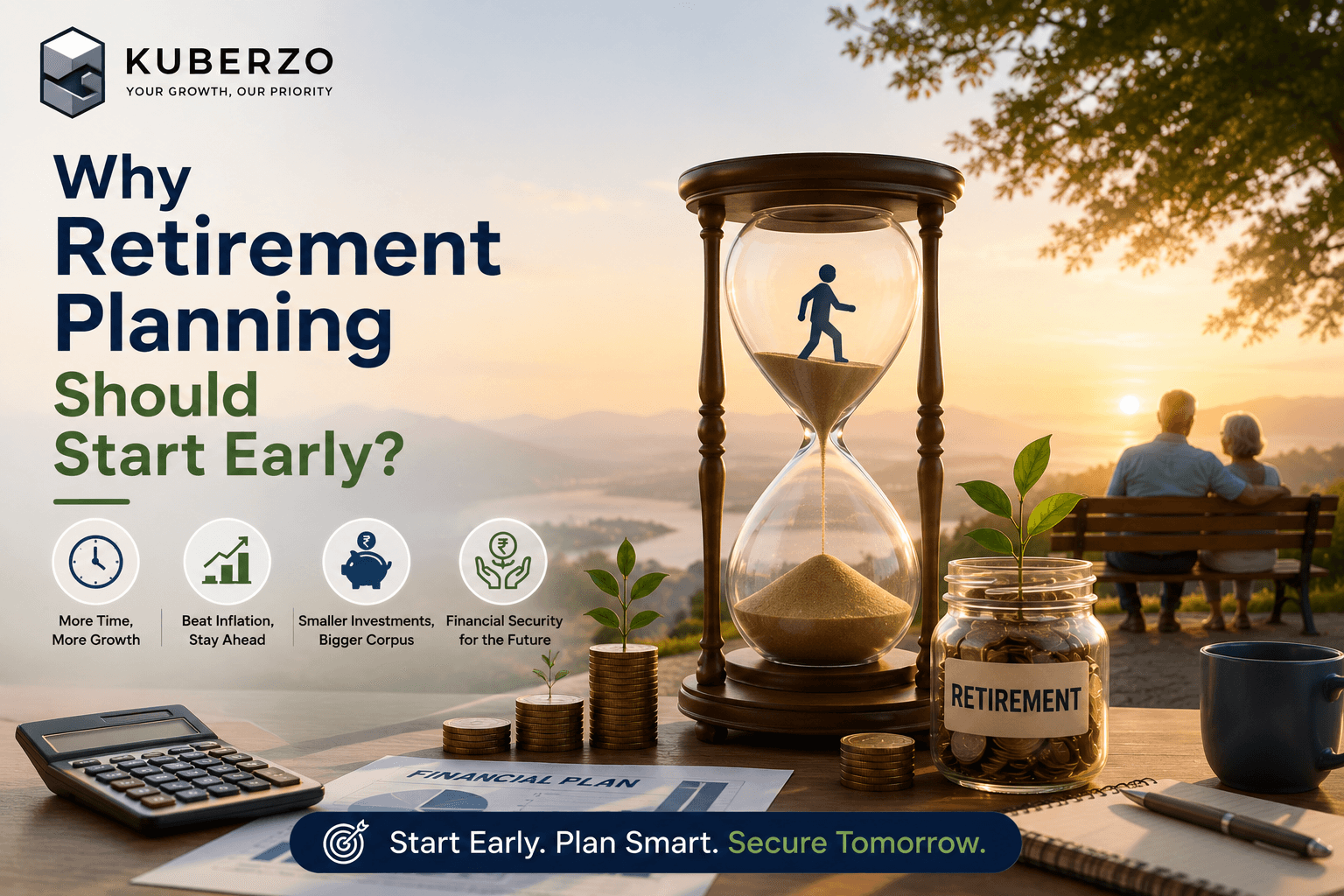 Image illustrating a sand clock, an old couple and finance graphics depicting importance of retirement planning.