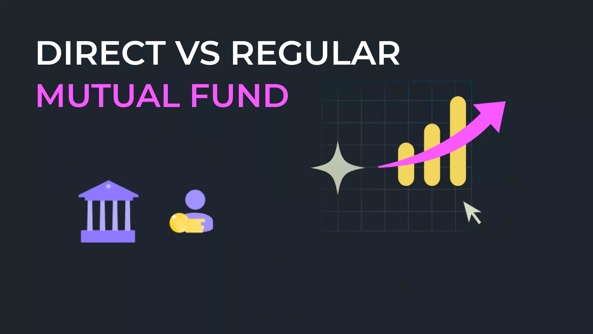 Comparison of direct and regular mutual funds featuring investment icons, financial growth chart, and upward arrow representing mutual fund investment choices and potential returns.