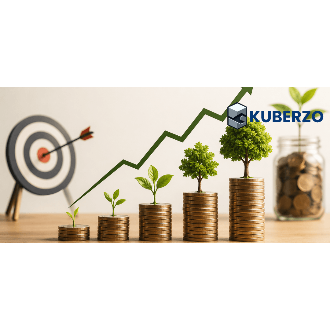 Stacks of coins with growing plants, a rising arrow, and a target symbolizing goal-based investing and long-term financial growth
