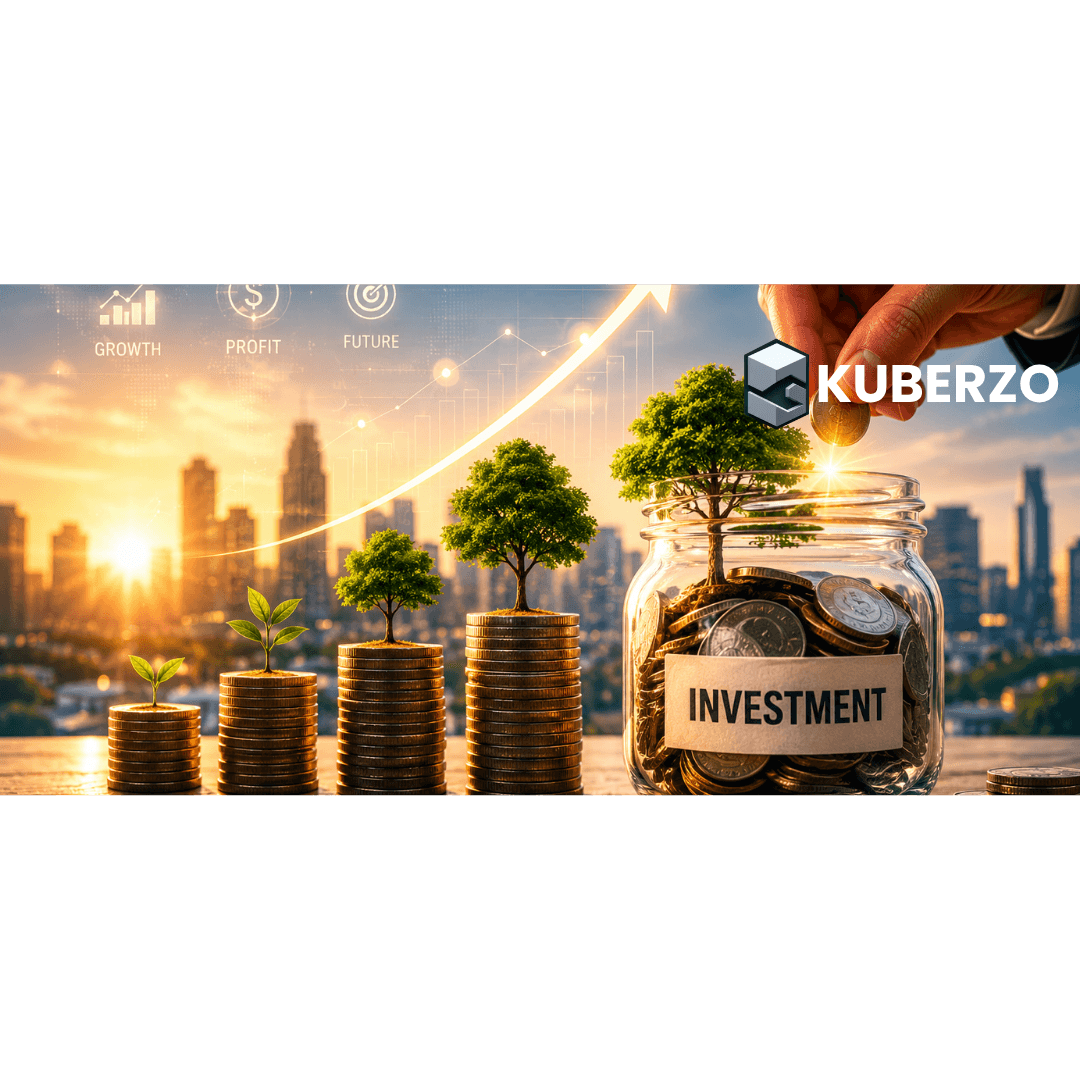 Investment growth concept with rising coin stacks, growing trees, a savings jar, and an upward trend arrow against a city skyline.