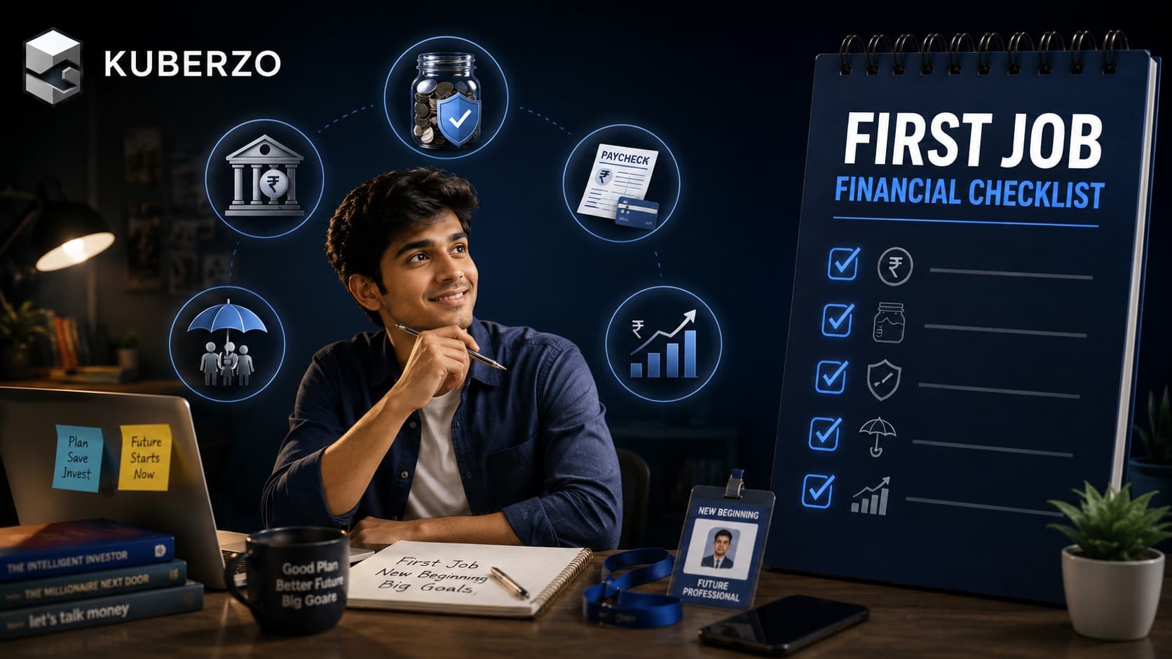 Financial checklist for Indian freshers covering salary, KYC, EPF, insurance, emergency savings and investments before the first job