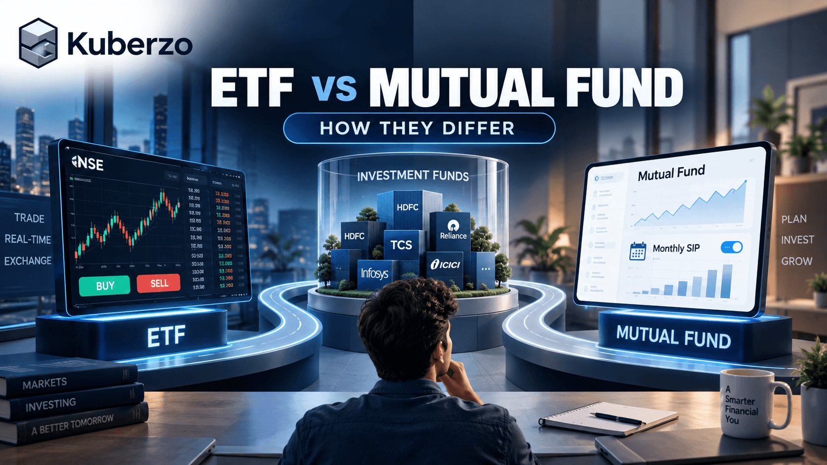 ETF versus mutual fund comparison showing trading method, NAV, market price and investor access