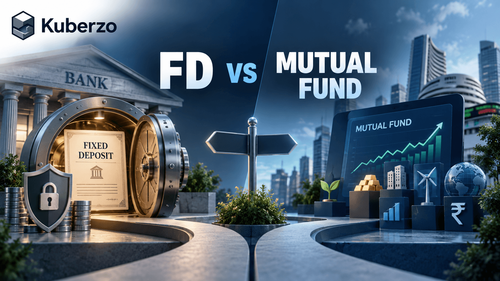 Decision guide comparing fixed deposits and mutual funds based on investment horizon, liquidity, risk and financial goals