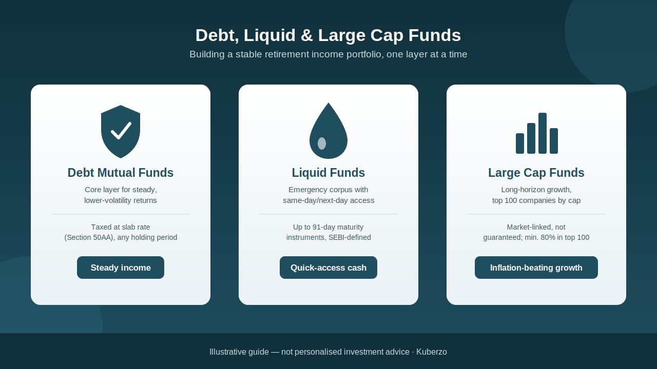 Debt, liquid and large cap mutual fund comparison showing stable retirement income portfolio layers