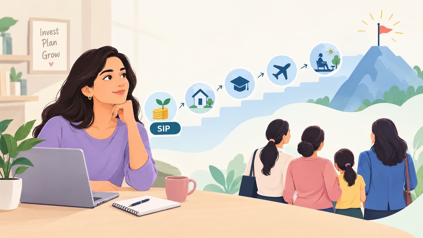 Illustration of a woman planning her SIP investments, with a staircase representing financial growth and goals such as home ownership, education, travel, and retirement, alongside women progressing towards financial independence.