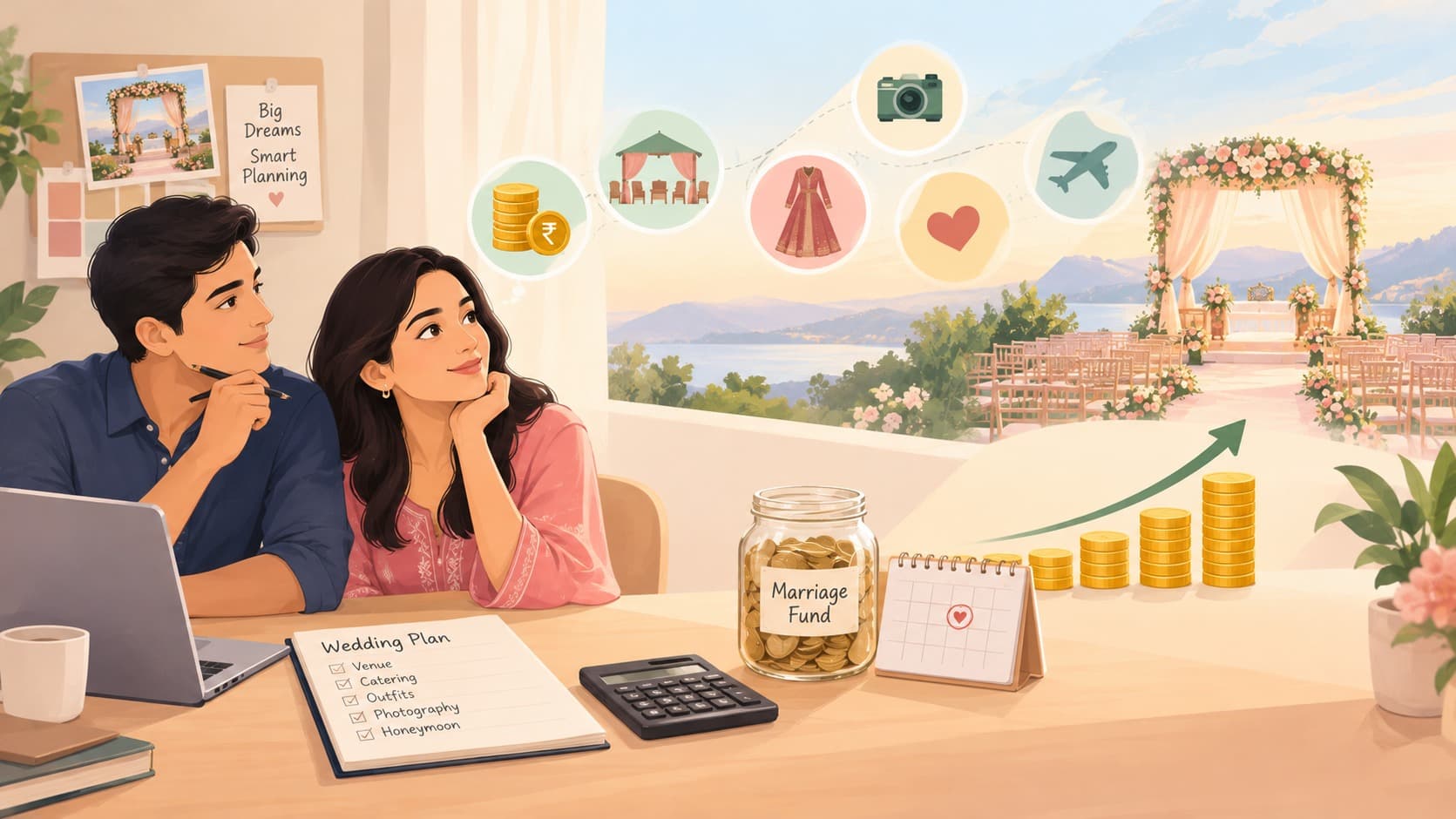 Illustration of a couple planning their wedding budget with a marriage fund savings jar, calculator, and checklist, alongside growing coin stacks and a scenic destination wedding venue, representing how SIP investments can help fund future wedding expenses.