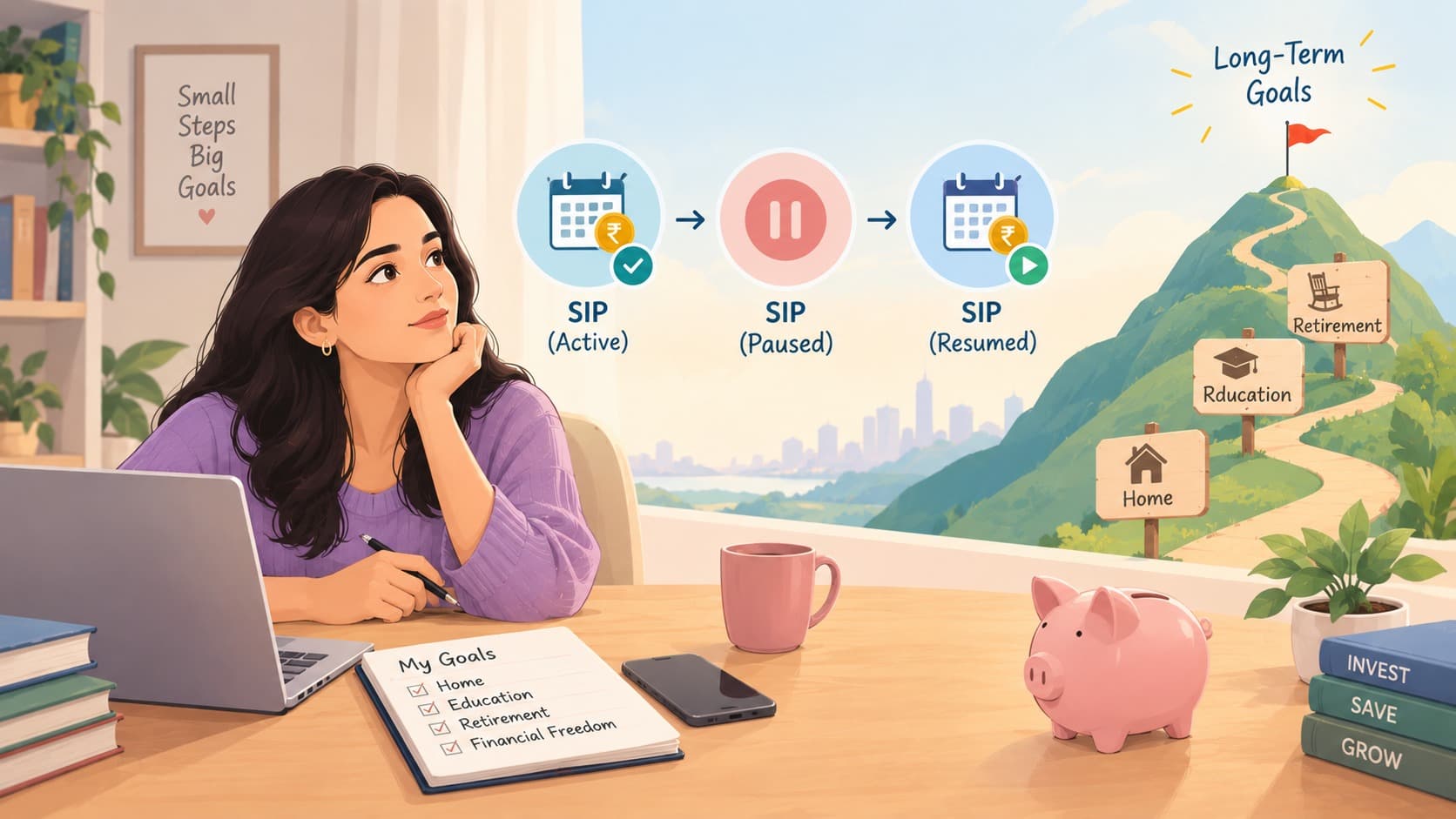 Illustration of an investor reviewing a paused and resumed SIP, with a pathway towards home ownership, education, and retirement goals.