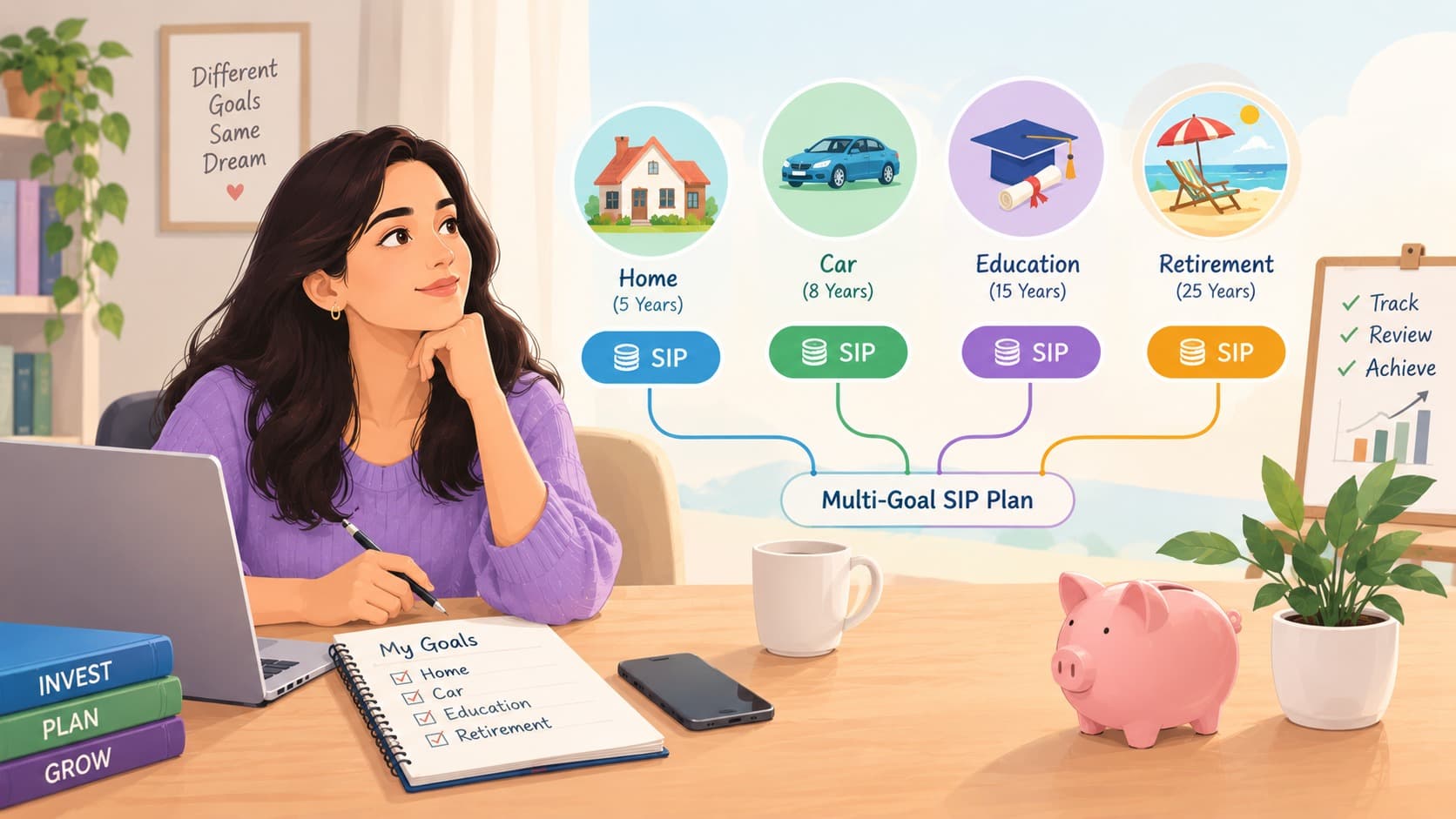 Illustration of an investor organising SIP investments for home ownership, car purchase, education, and retirement through a multi-goal financial plan.