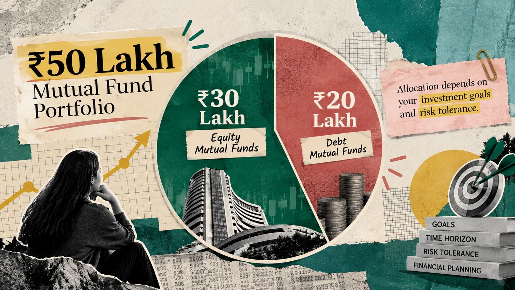 Illustrative infographic showing a ₹50 lakh mutual fund portfolio divided between equity mutual funds worth ₹30 lakh and debt mutual funds worth ₹20 lakh, with a note that allocation depends on investment goals and risk tolerance.