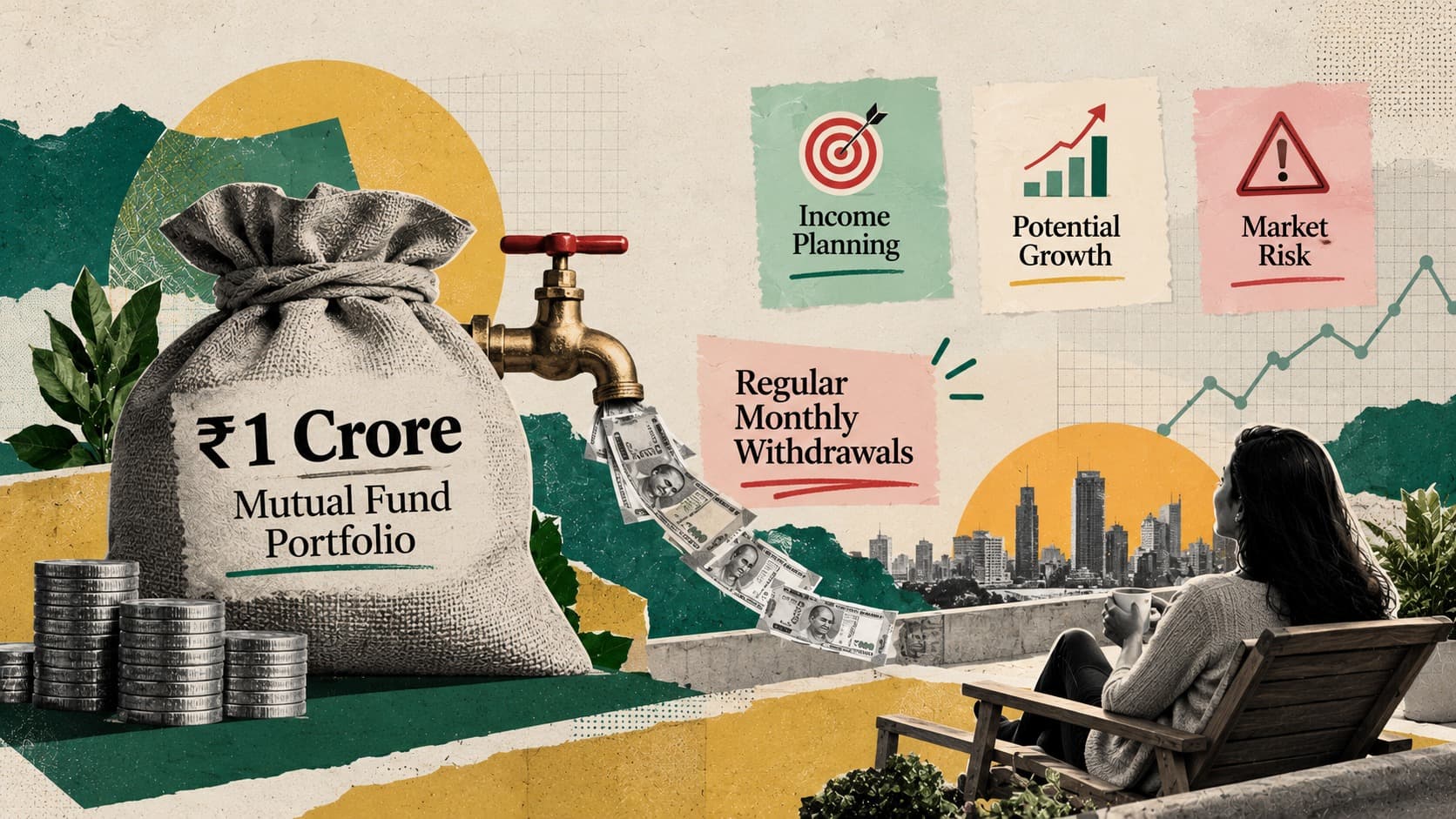 Illustration of a ₹1 crore mutual fund portfolio generating regular monthly withdrawals through a Systematic Withdrawal Plan (SWP), highlighting income planning, investment growth and market risk for Indian investors.