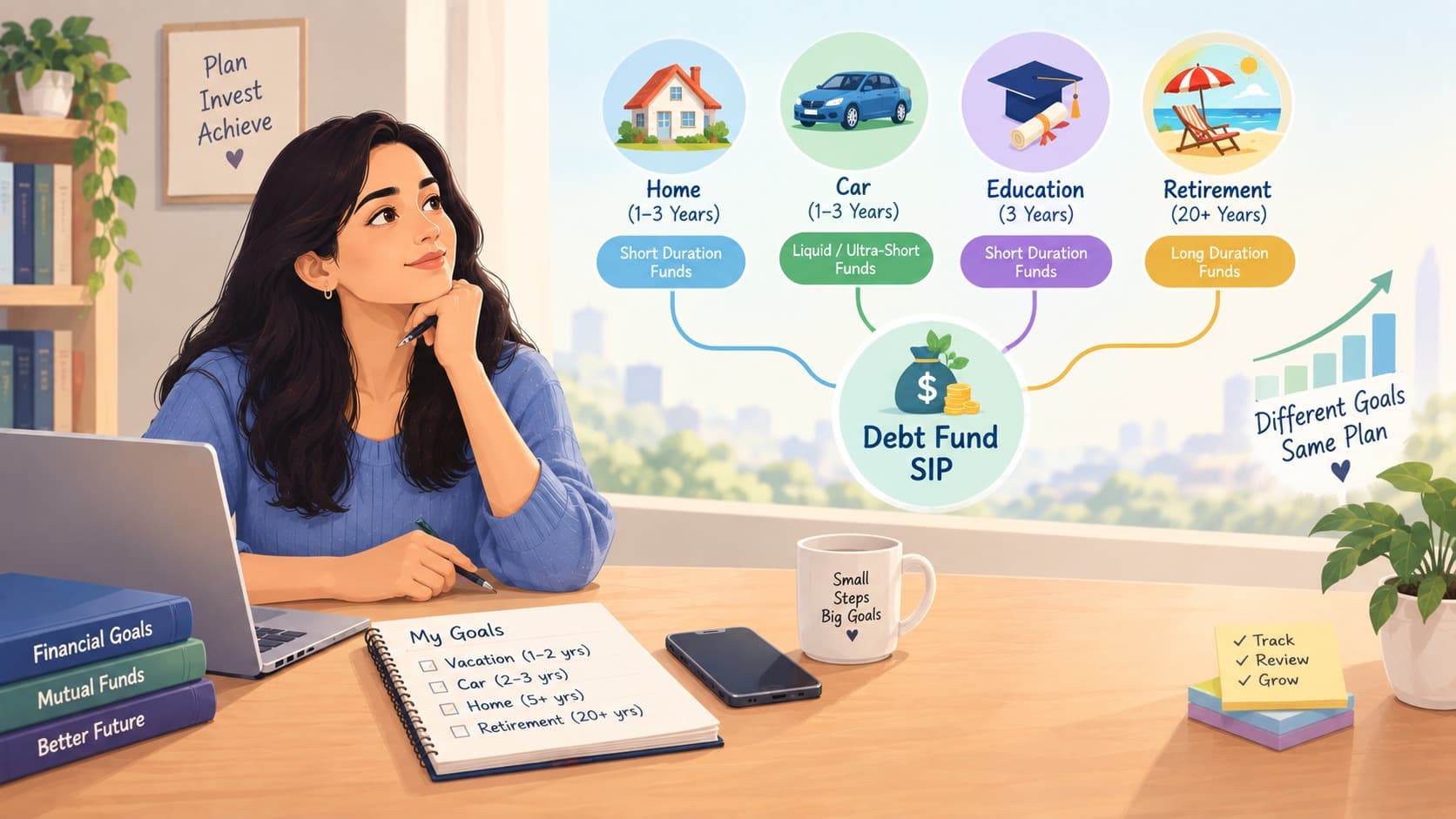 Illustration of an investor planning short-term financial goals using debt fund SIPs, with icons for a home, car, education, and retirement.