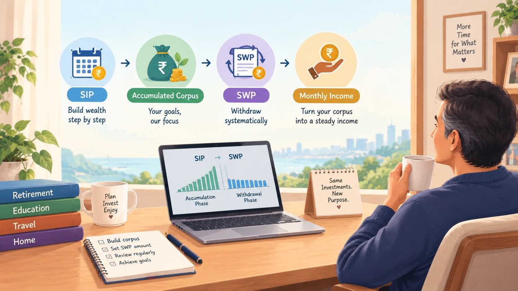 Illustration showing the transition from SIP investing to a Systematic Withdrawal Plan (SWP), with an investor building a mutual fund corpus and then withdrawing money regularly to create monthly income for retirement and other financial goals.
