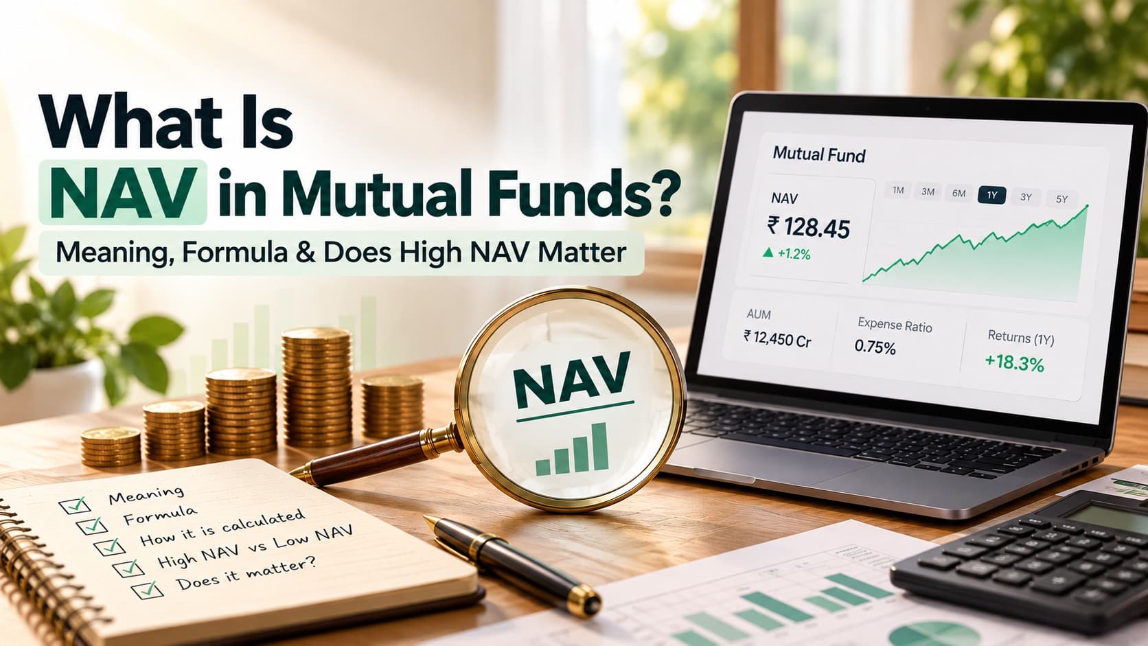 NAV in mutual funds explained with a financial dashboard, rising chart, magnifying glass, and stacks of coins.