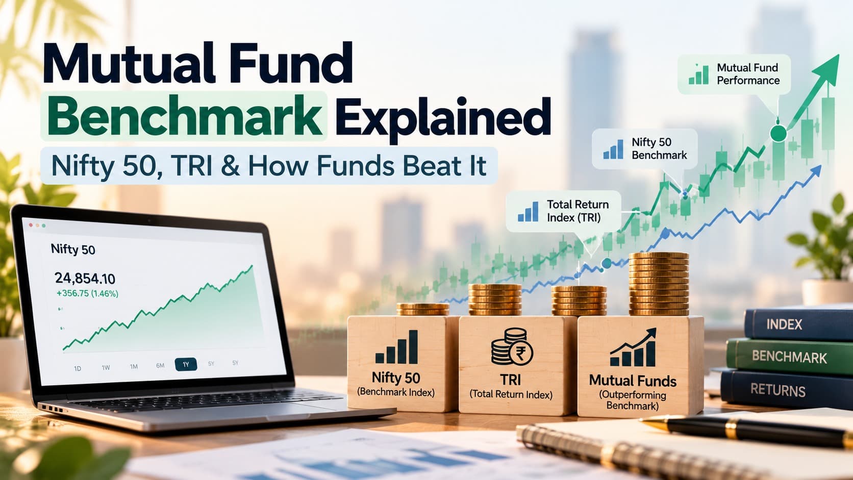 Mutual fund benchmark explained with Nifty 50, Total Return Index (TRI), rising performance charts, and coin stacks illustrating how funds outperform benchmarks.
