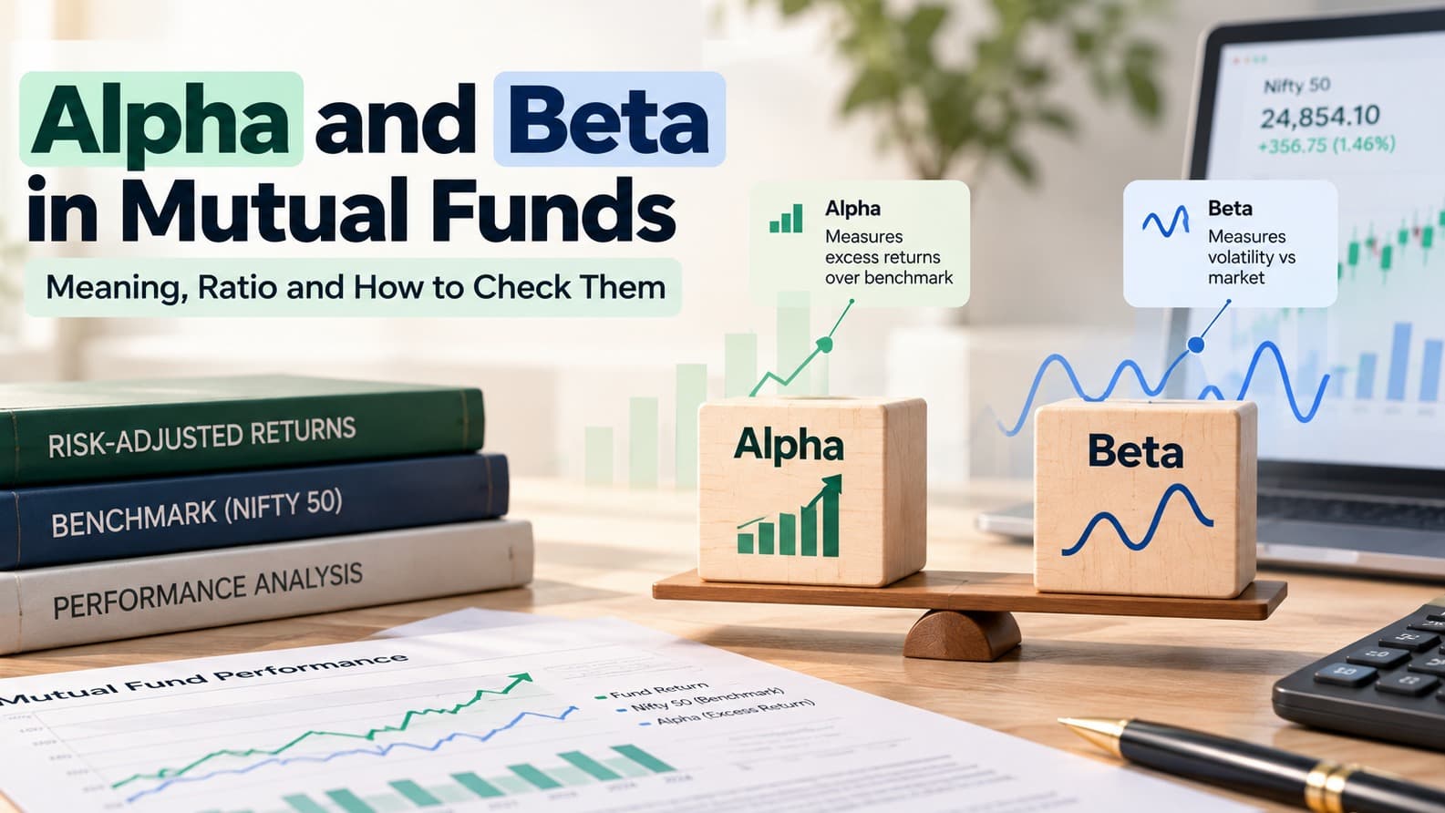 Professional illustration explaining alpha and beta in mutual funds, with charts comparing fund performance and market risk.