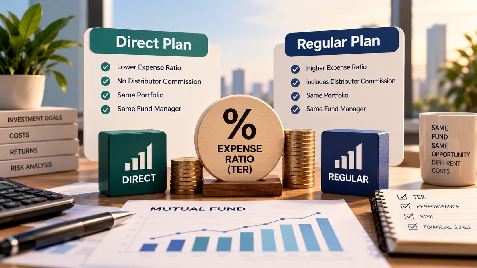 Expense ratio in mutual funds comparing Direct and Regular plans.