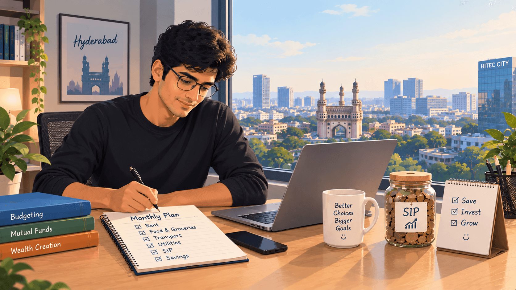 Illustration of a Hyderabad tech professional planning monthly expenses, savings, and SIP investments.