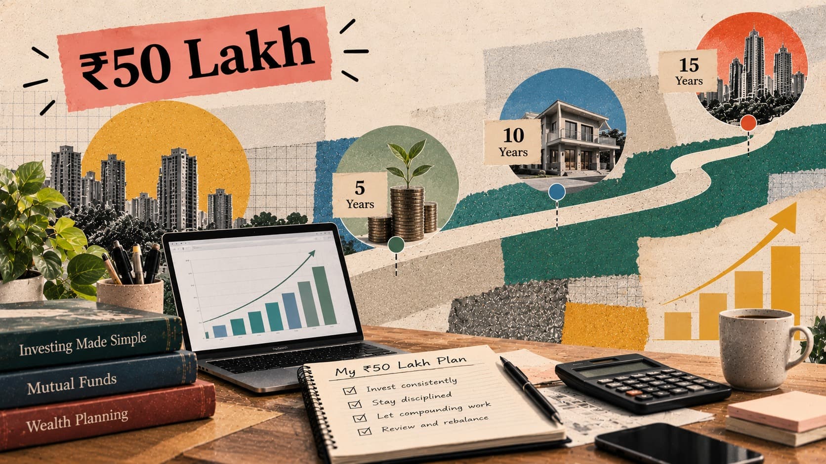 A young Indian investor planning a ₹50 lakh financial goal at a desk with investment books, a notebook, a laptop displaying a rising chart and milestone markers representing five-, ten- and fifteen-year investment horizons.