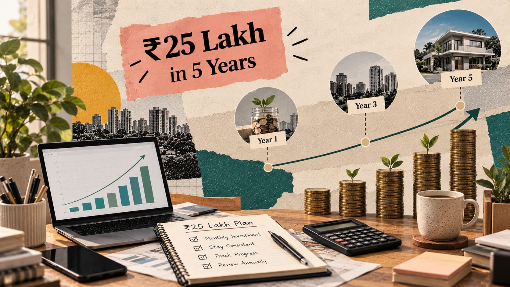 Financial planning workspace illustrating a monthly investment plan for a ₹25 lakh goal over five years.